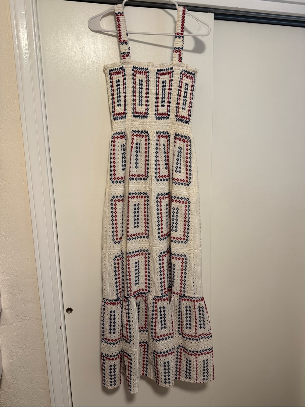 Hill House Anjuli Nap Geo Eyelet Maxi Dress - White with Red & Blue